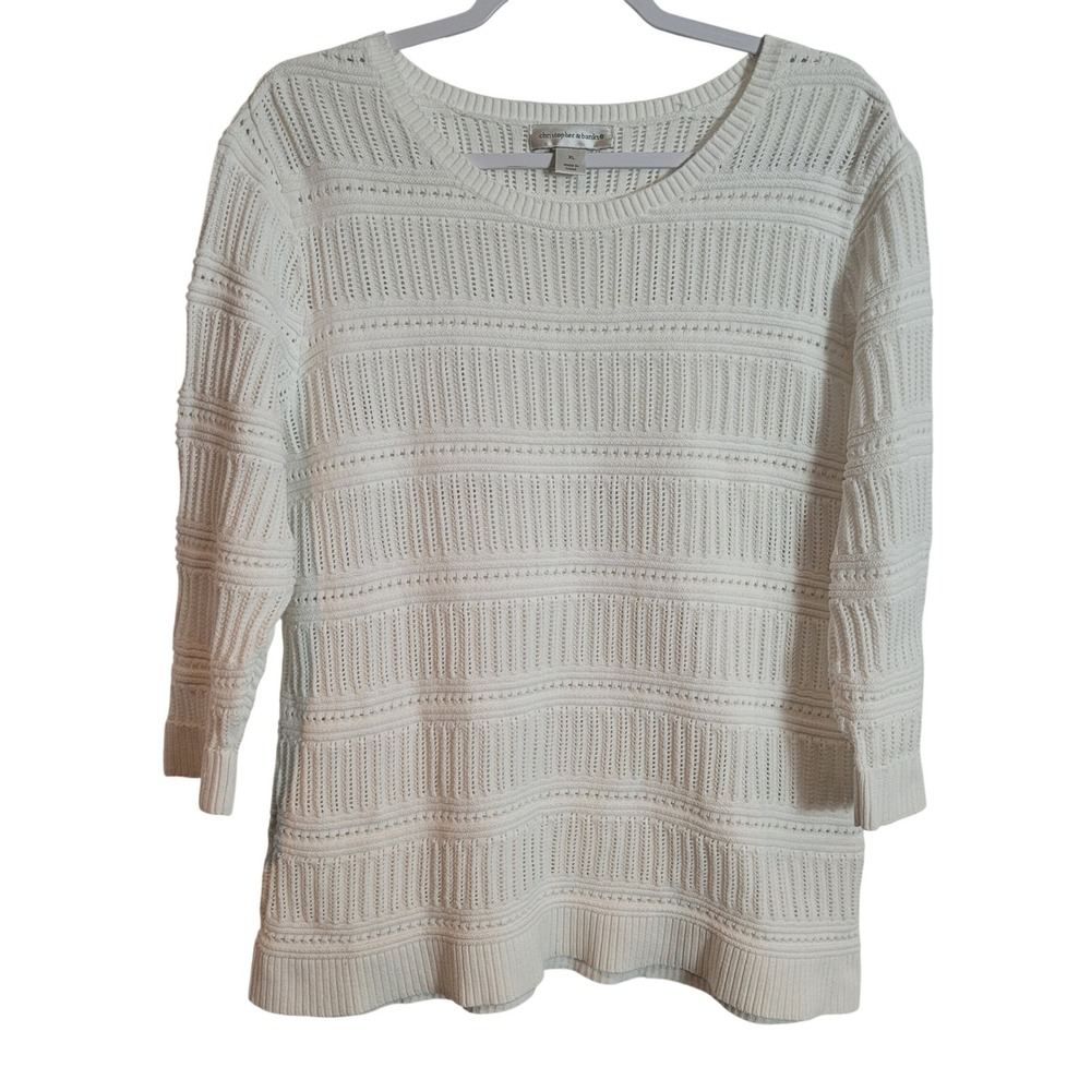 Christopher & Banks White Cotton Pointelle Knit 3/4 Sleeve Sweater XL Feminine